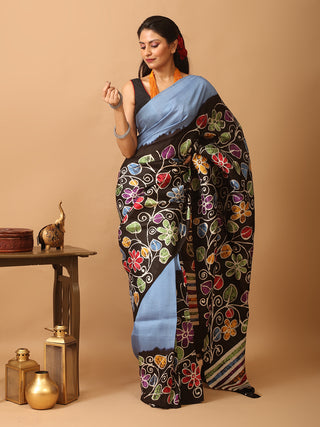Blue Base Pure Murshidabad Silk Saree with Hand Batik Floral Design