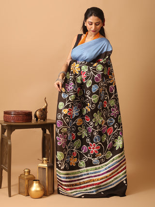 Blue Base Pure Murshidabad Silk Saree with Hand Batik Floral Design