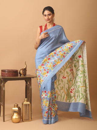Blue Base Murshidabad Silk Saree with Cream Pallu and Floral Motifs