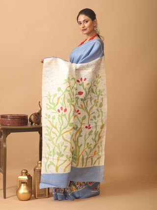 Blue Base Murshidabad Silk Saree with Cream Pallu and Floral Motifs