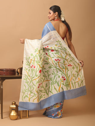 Blue Base Murshidabad Silk Saree with Cream Pallu and Floral Motifs