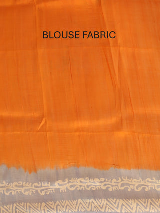 Blue, Orange, and Black Murshidabad Silk Saree with Geometric Hand Batik