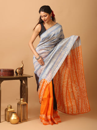 Blue, Orange, and Black Murshidabad Silk Saree with Geometric Hand Batik