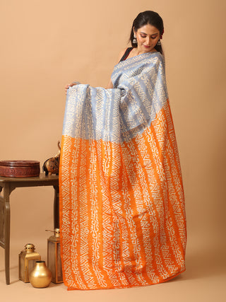 Blue, Orange, and Black Murshidabad Silk Saree with Geometric Hand Batik