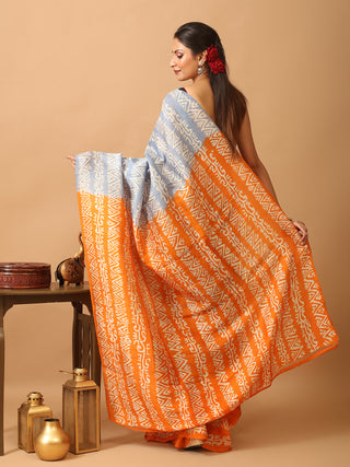 Blue, Orange, and Black Murshidabad Silk Saree with Geometric Hand Batik