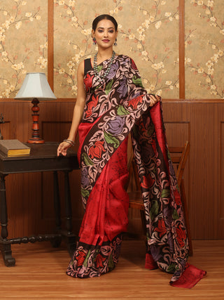 Carmine Red Base Murshidabad Silk Saree with Hand Batik Floral Design