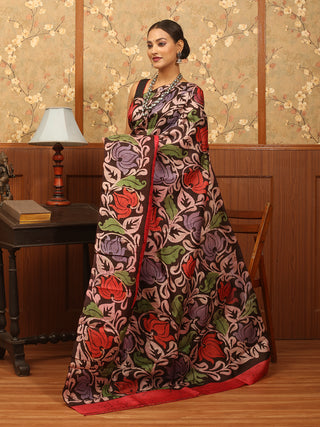 Carmine Red Base Murshidabad Silk Saree with Hand Batik Floral Design