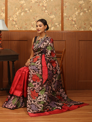 Carmine Red Base Murshidabad Silk Saree with Hand Batik Floral Design
