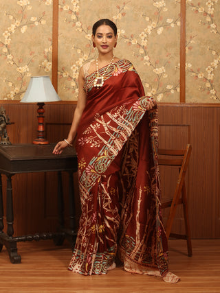 Chocolate Brown Murshidabad Silk Saree with Hand Batik Designs