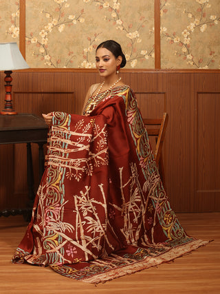 Chocolate Brown Murshidabad Silk Saree with Hand Batik Designs