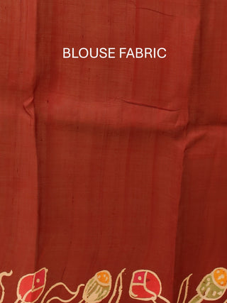 Maroon Base Murshidabad Silk Saree with Cranes and Lotus Flowers In Hand batik