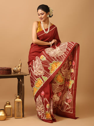 Maroon Base Murshidabad Silk Saree with Cranes and Lotus Flowers In Hand batik