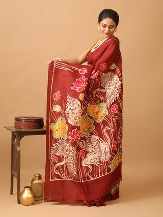 Maroon Base Murshidabad Silk Saree with Cranes and Lotus Flowers In Hand batik