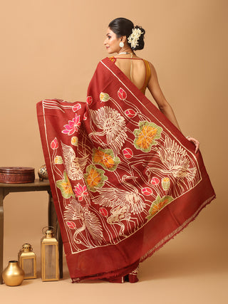 Maroon Base Murshidabad Silk Saree with Cranes and Lotus Flowers In Hand batik