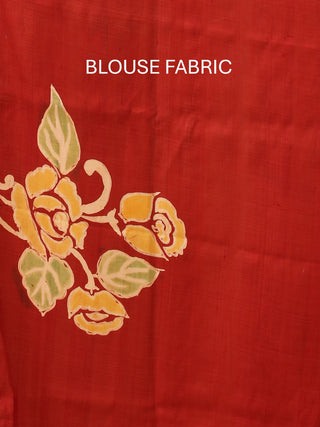 Off-White and Brick Red Half and Half Murshidabad Silk Saree With Hand Batik