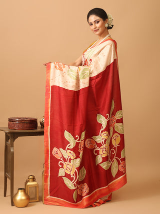 Off-White and Brick Red Half and Half Murshidabad Silk Saree With Hand Batik