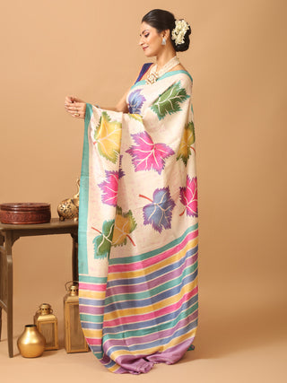 Off-White and Mauve Half and Half Murshidabad Silk Saree With Hand Batik