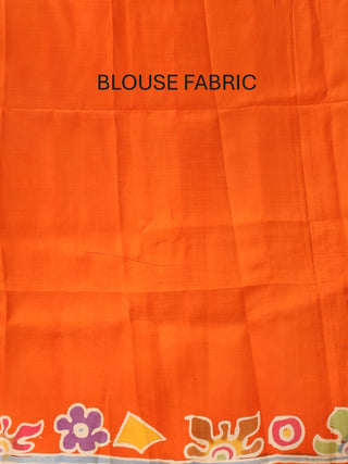 Off-White and Orange Murshidabad Silk Saree with Hand Batik