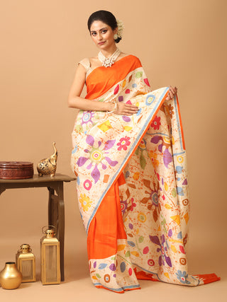 Off-White and Orange Murshidabad Silk Saree with Hand Batik
