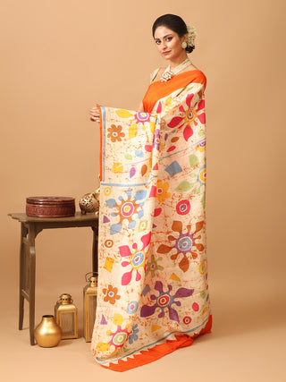 Off-White and Orange Murshidabad Silk Saree with Hand Batik