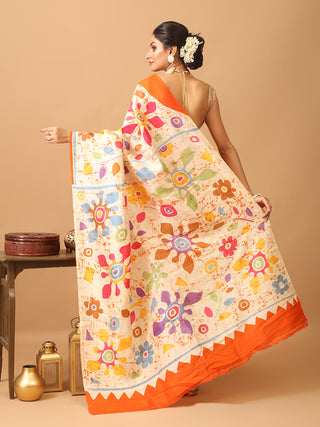 Off-White and Orange Murshidabad Silk Saree with Hand Batik