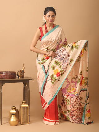 Off-White and Red Half and Half Murshidabad Silk Saree With Hand Batik