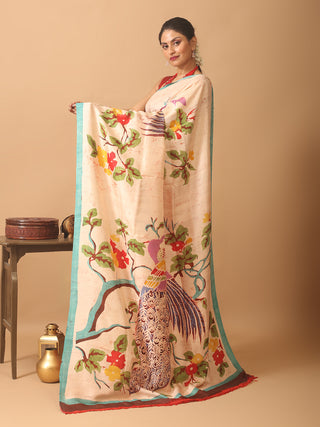 Off-White and Red Half and Half Murshidabad Silk Saree With Hand Batik