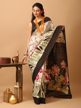 Off-White Base Murshidabad Silk Saree with Lotus Flowers In Hand Batik