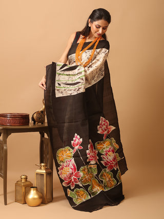 Off-White Base Murshidabad Silk Saree with Lotus Flowers In Hand Batik