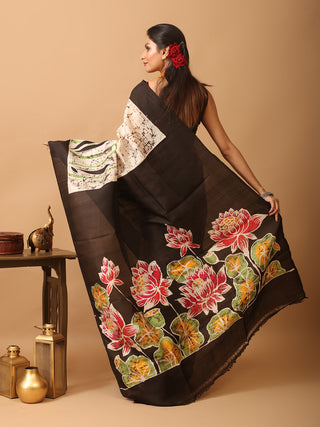 Off-White Base Murshidabad Silk Saree with Lotus Flowers In Hand Batik