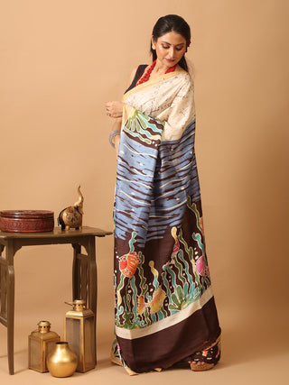 Off-White Base Murshidabad Silk Saree with Underwater World Motifs In Hand Batik