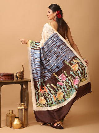 Off-White Base Murshidabad Silk Saree with Underwater World Motifs In Hand Batik