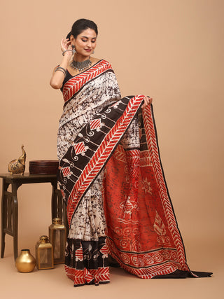 Off-White Base Murshidabad Silk Saree with Warli Motifs