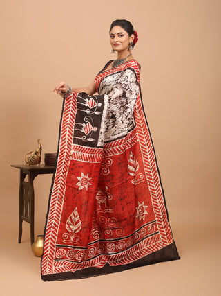Off-White Base Murshidabad Silk Saree with Warli Motifs