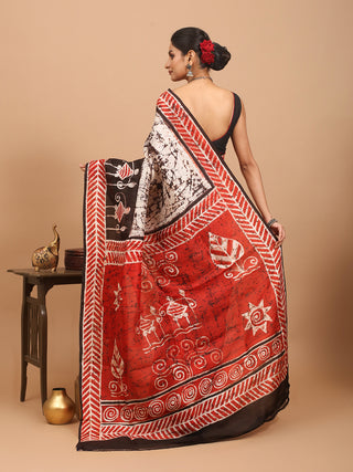Off-White Base Murshidabad Silk Saree with Warli Motifs