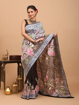 Off-White Base Murshidabad Silk Saree with Lotus Flowers In Hand Batik