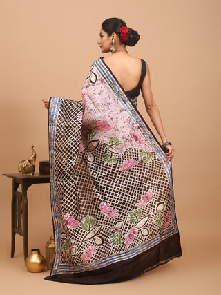 Off-White Base Murshidabad Silk Saree with Lotus Flowers In Hand Batik