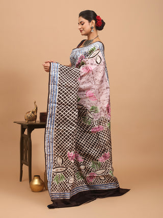 Off-White Base Murshidabad Silk Saree with Lotus Flowers In Hand Batik