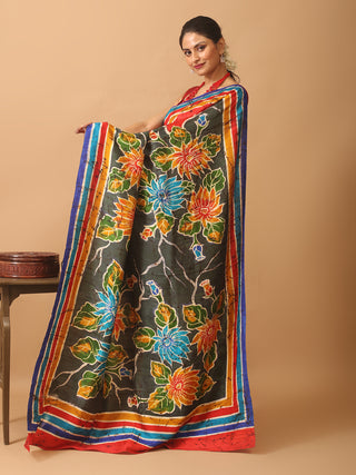 Red Base Murshidabad Silk Saree with Floral Hand Batik
