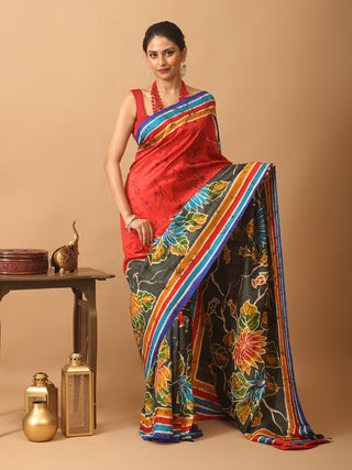 Red Base Murshidabad Silk Saree with Floral Hand Batik