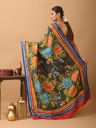 Red Base Murshidabad Silk Saree with Floral Hand Batik