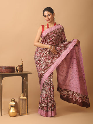 Wine Colour Bangalore Silk Saree with Delicate Hand Batik