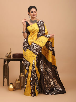 Yellow and Black Murshidabad Silk Saree with Alpana Patterns In Hand Batik
