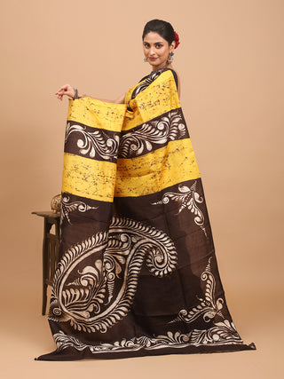 Yellow and Black Murshidabad Silk Saree with Alpana Patterns In Hand Batik