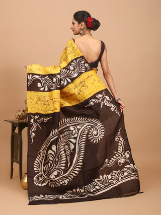 Yellow and Black Murshidabad Silk Saree with Alpana Patterns In Hand Batik