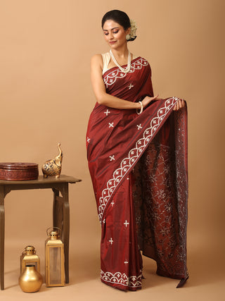 Maroon Blended Bangalore Silk Sari With Gujarati Hand Embroidery
