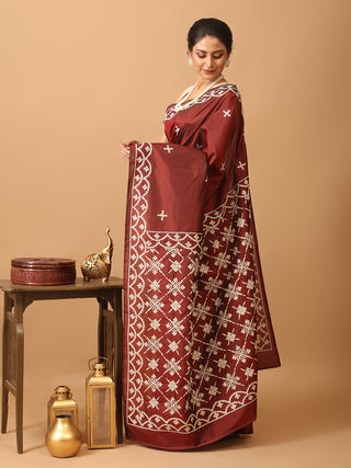 Maroon Blended Bangalore Silk Sari With Gujarati Hand Embroidery