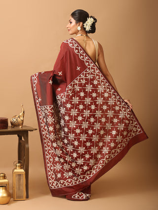 Maroon Blended Bangalore Silk Sari With Gujarati Hand Embroidery