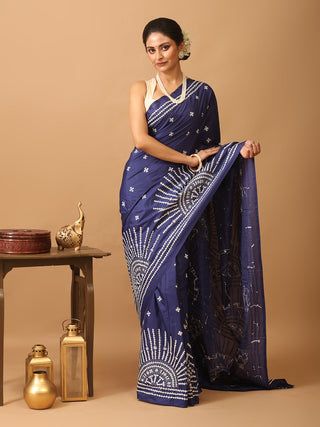 Navy Blue Blended Bangalore Silk Sari With Gujarati Hand Embroidery