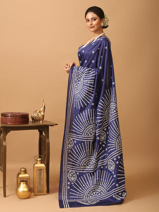 Navy Blue Blended Bangalore Silk Sari With Gujarati Hand Embroidery